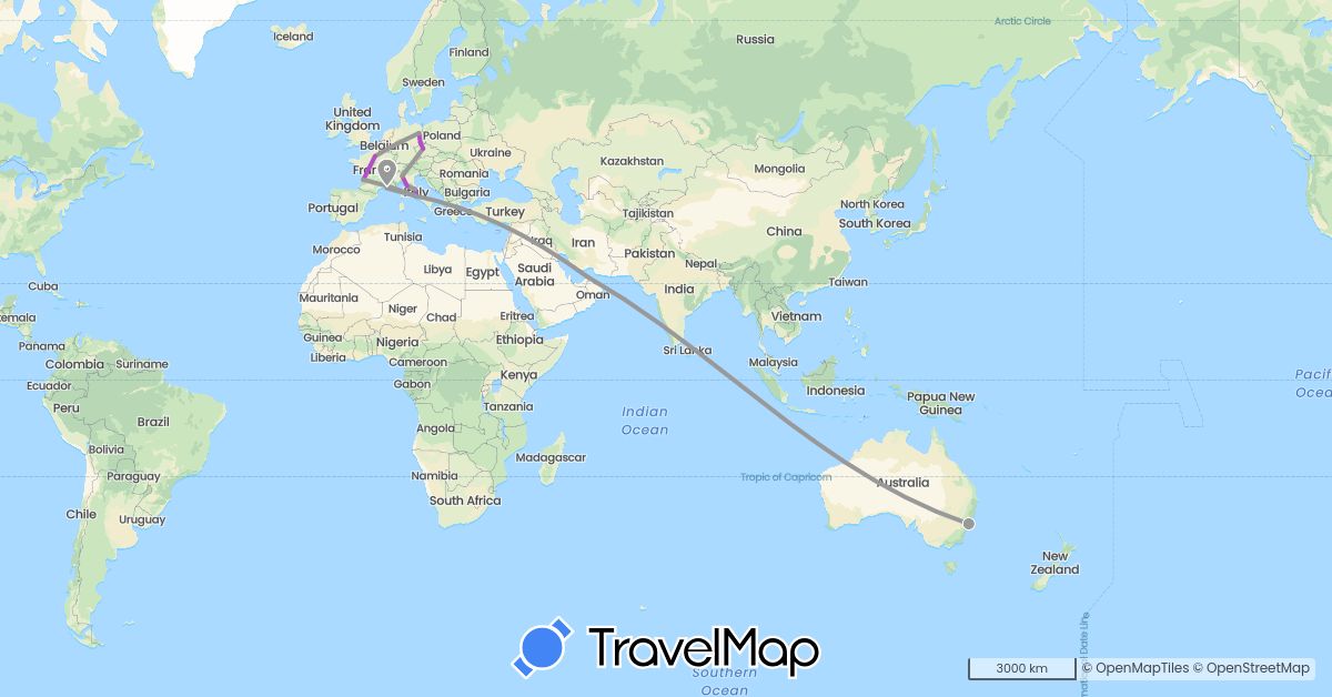 TravelMap itinerary: driving, plane, train in United Arab Emirates, Australia, Czech Republic, Germany, France, Italy (Asia, Europe, Oceania)
